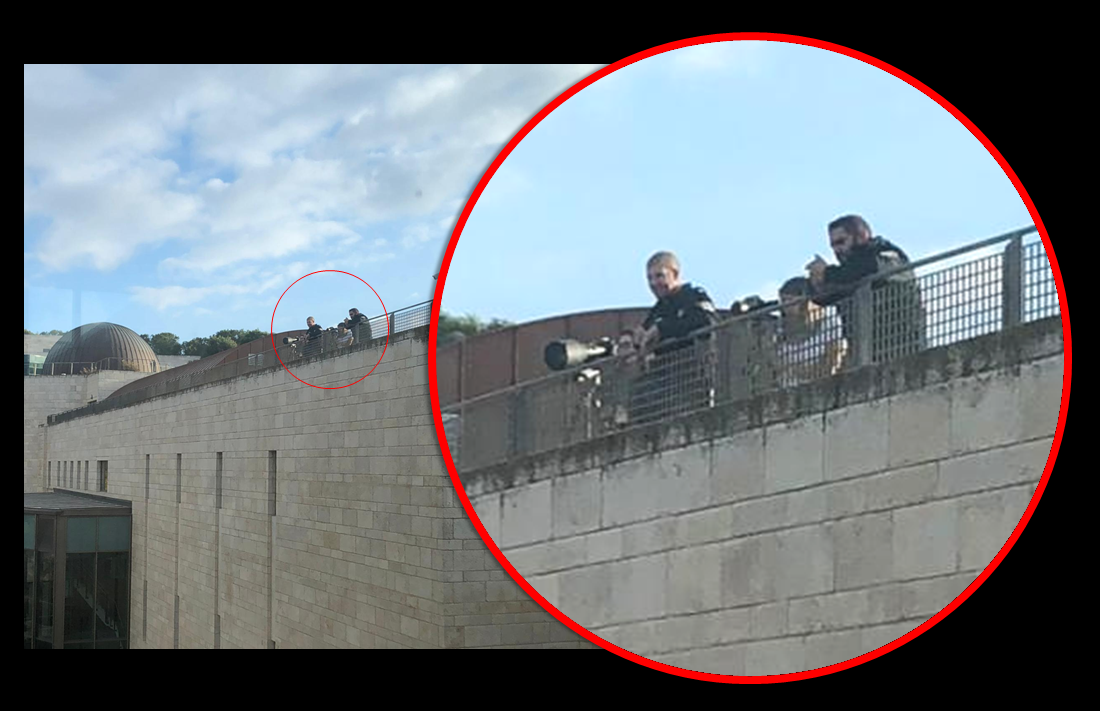 This picture, obtained by Academia for Equality, clearly shows two policemen surveilling the neighborhood of Issawiya from the rooftop of "Rabin Building" in the Mount Scopus campus of The Hebrew University of Jerusalem.