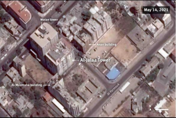Gaza –14 mai 2021: Image satellite montrant le site de la Tour al-Jalaa AVANT la frappe aérienne israélienne du 15 mai. © 2021 CNES-Airbus DS (image) / HRWm.